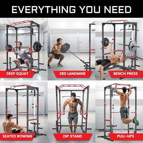 Fitness Reality Power Cage Squat Rack with Optional LAT Pulldown, Cable Crossover, 800 lb Capacity, Multi-Grip Pull-Up Bar, Adjustable Safety Bars