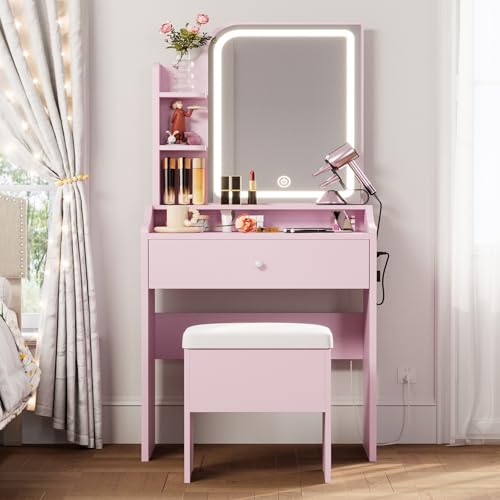 LIKIMIO Small Makeup Vanity Desk with Mirror and Lights, Vanity Table Set with Storage Drawer, Chair and Three Shelves, Bedroom, White