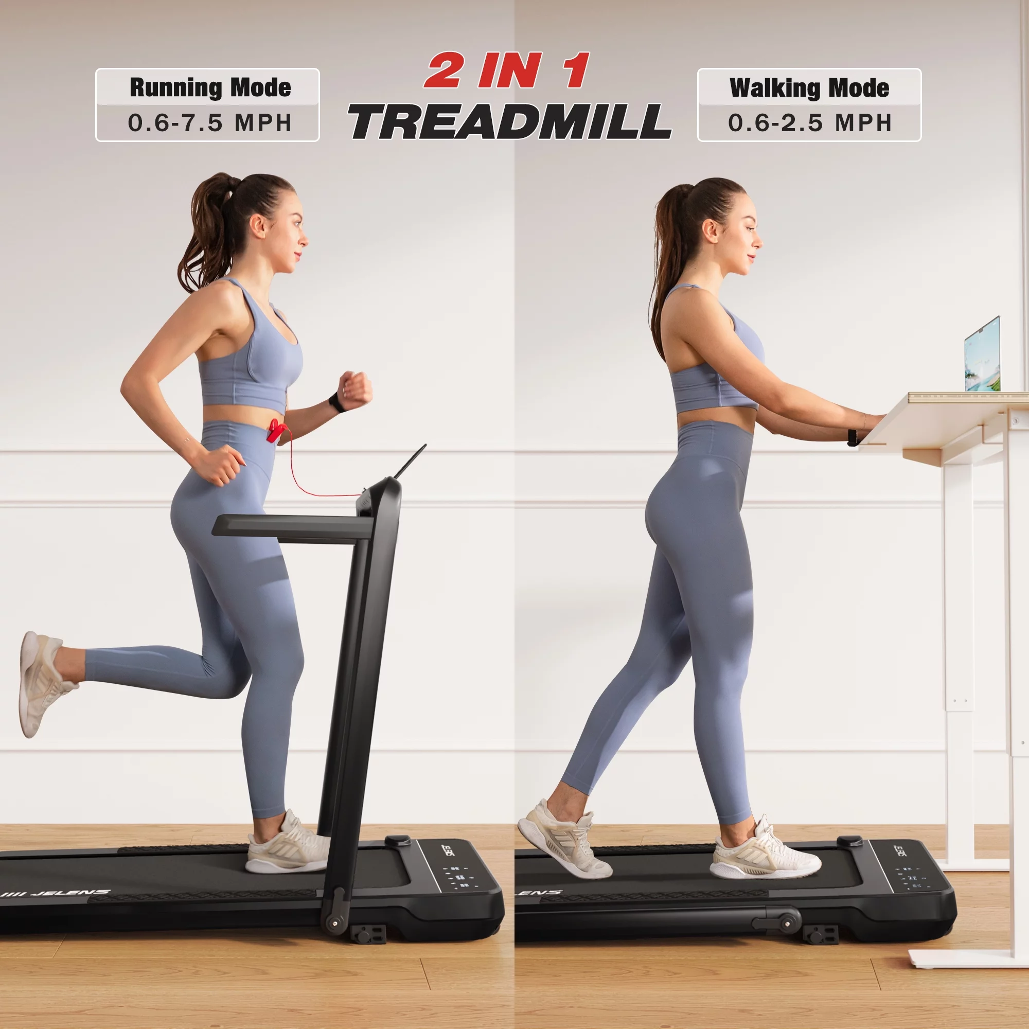 JELENS 2 in 1 Incline Treadmill Under Desk Walking Pad 2.5HP Home Folding Treadmills with Gesture Sensing Control