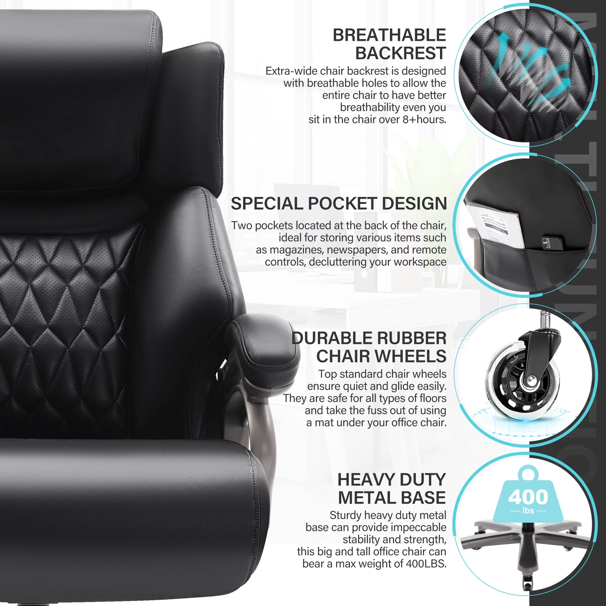Big and Tall Office Chair 400lbs, Ergonomic High Back Computer Desk Chair, Heavy Duty Leather Executive Office Chair With Adjustable Lumbar Support