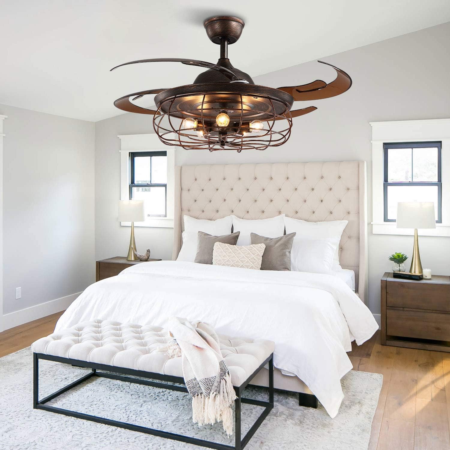 Siljoy 48 Retractable Blades Chandelier Ceiling Fan Industrial Retro Fandelier with Remote