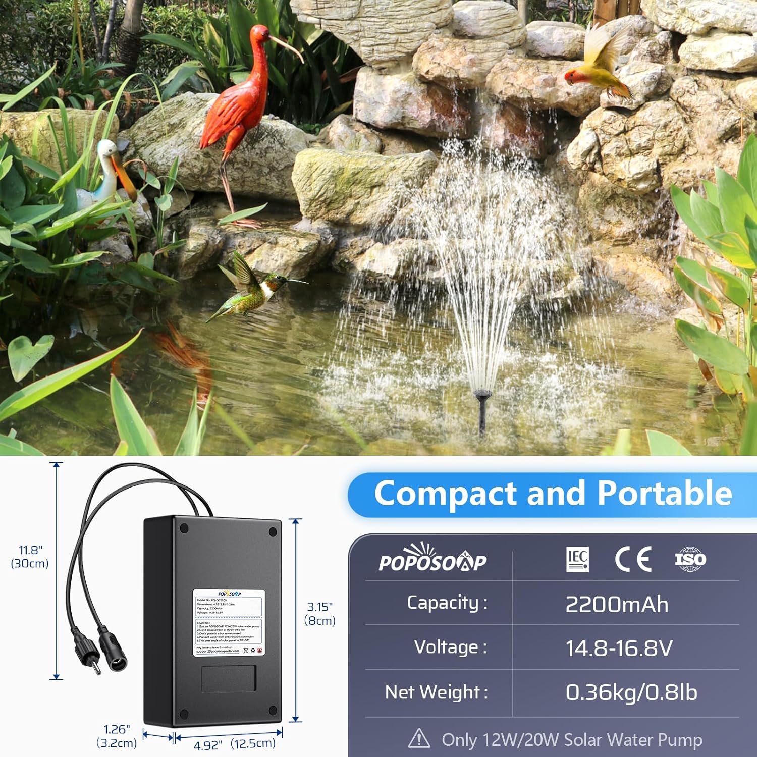 POPOSOAP Solar Pond Filter with Battery Backup