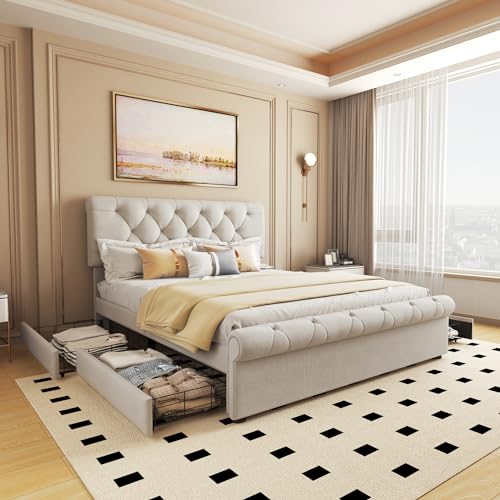 Bellemave Full Size Upholstered Bed Frame with 4 Drawers and Adjustable Headboard