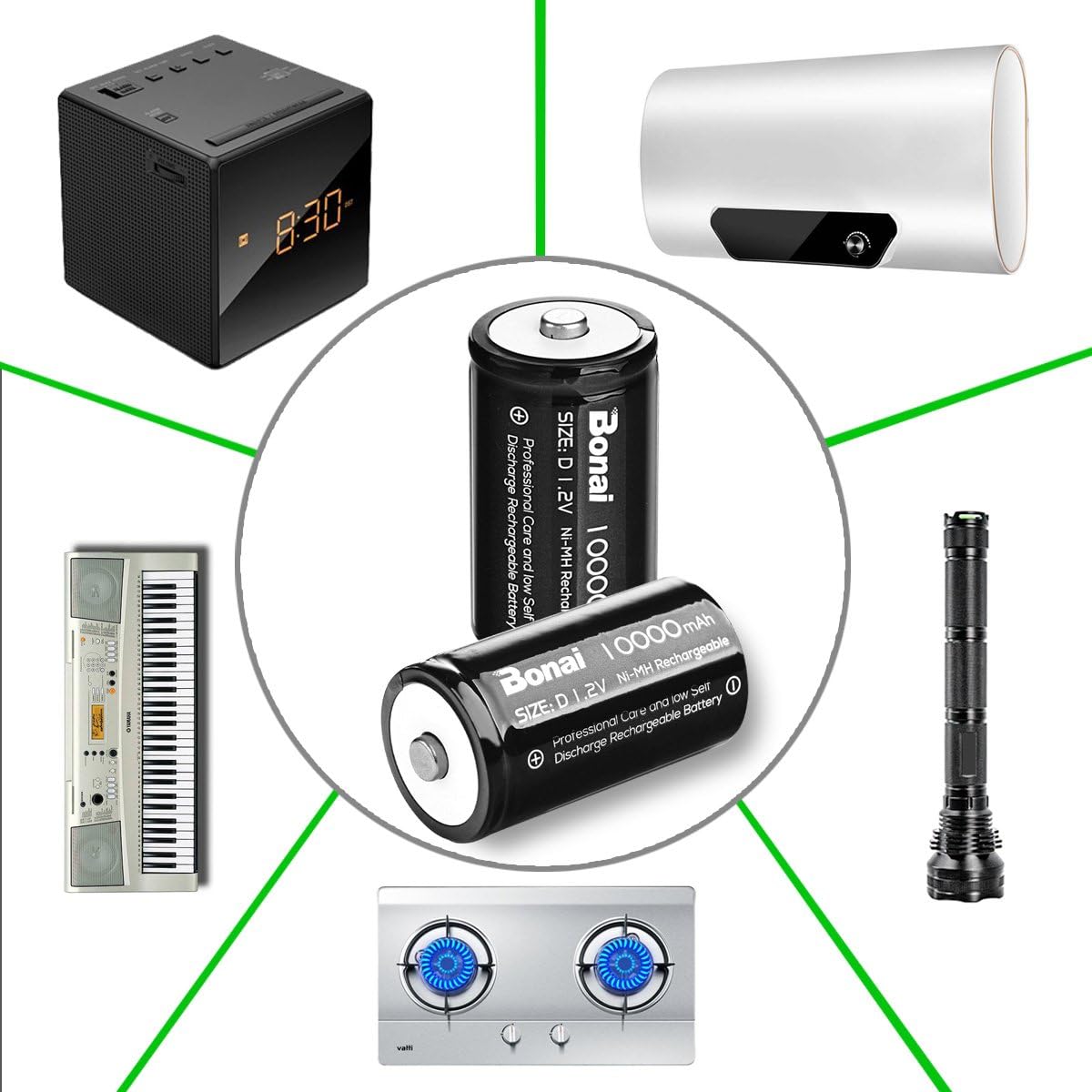 BONAI Rechargeable D Batteries with Charger LCD Smart Battery Charger for C D AA AAA 9V Ni-MH Ni-CD Rechargeable Batteries with 10000mAh Rechargeable