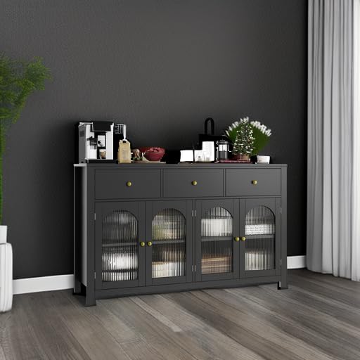 FINETONES Buffet Cabinet with Storage, 55.1" Large Sideboard Buffet Farmhouse Kitchen Cabinet with 3 Drawers and 4 Doors, Wood Coffee Bar for Kitchen