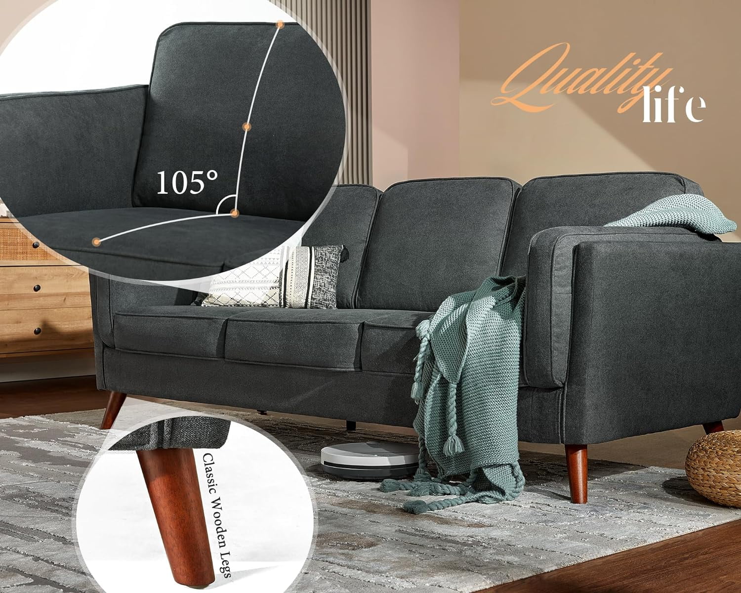 Papajet Sofa, 87inch Modern Sofa with Embedded Arm Pillow- Dark Grey Deep Seat Couch for Livingroom