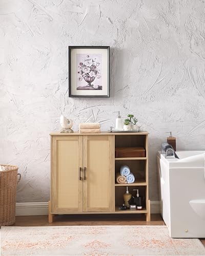 Storage Cabinet, Bathroom Cabinet with Rattan Doors, Bathroom Floor Cabinet with Open Storage & Adjustable Shelf, Coffee Bar