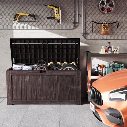 Greesum 120 Gallon Outdoor Storage Box with Lock - Large Resin Deck Box, Reinforced Lid for Garden, Patio, Lawn, Black