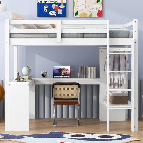 SOFTSEA Full Size Loft Bed with Desk & Wardrobe, Wood Loft Bunk Bed with Storage Shelves and Cabinets