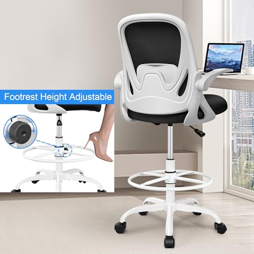 Primy Drafting Chair Tall Office Chair with Flip-up Armrests Executive Ergonomic Computer Standing Desk Chair with Lumbar Support and Adjustable