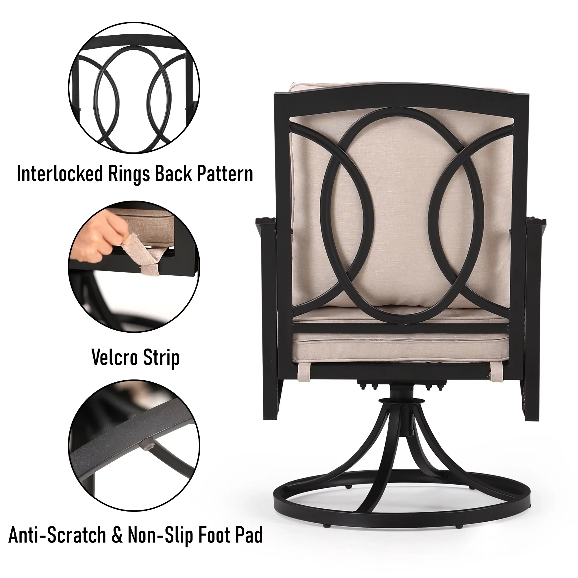 MF Studio 5-Piece Patio Conversation Set with 4 Swivel Wicker Cushioned Chairs & Fire Pit Table, 50,000 BTU, Black & Beige