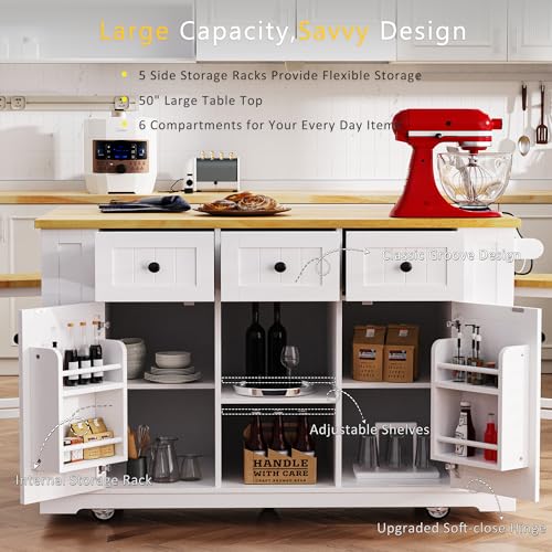 Rolling Kitchen Island with Drop Leaf & Power Outlet, Large Kitchen Islands Cart on Wheels