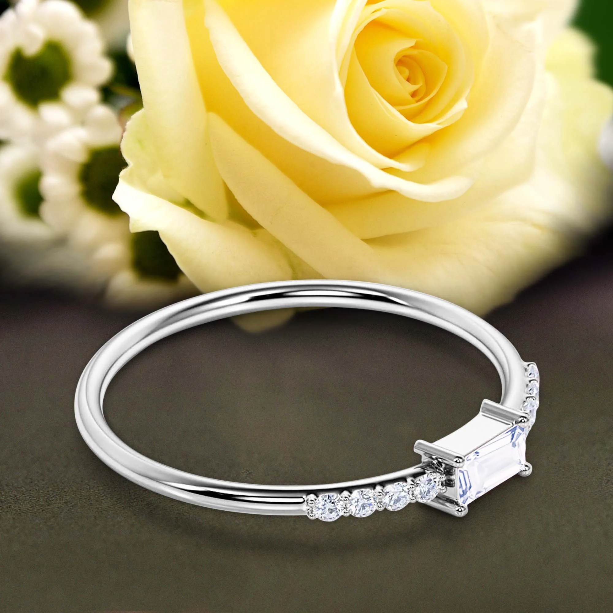 Art Deco Minimalist 0.75 Carat Emerald Cut Diamond Moissanite Engagement Ring, Wedding Ring in 10k Solid White Gold, Gift For Her, Promise Ring