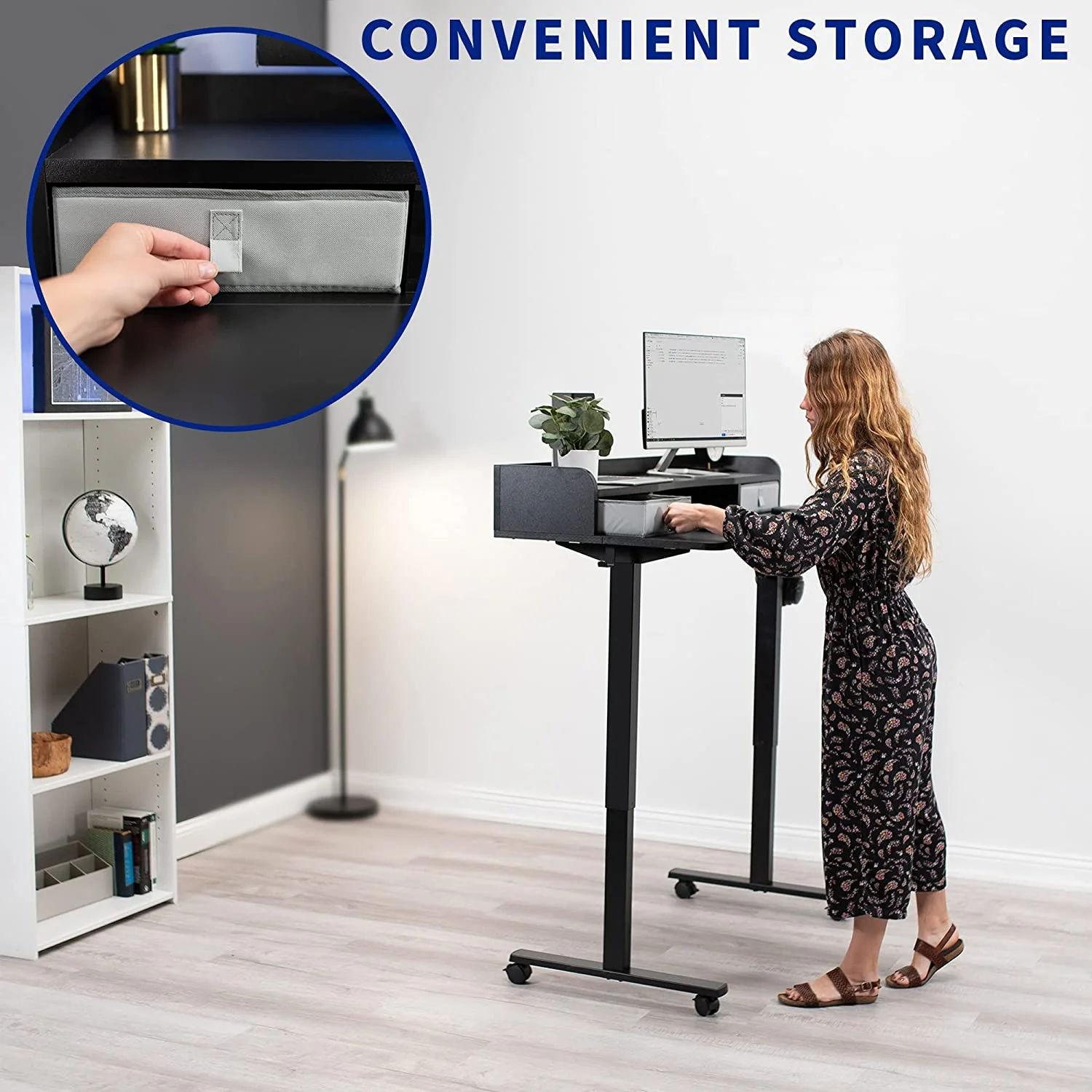 Electric 2-Tier Height Adjustable X 24 Inch Stand Up Desk, Mobile Table With Storage Drawers, Standing Workstation With Memory Controller, Casters