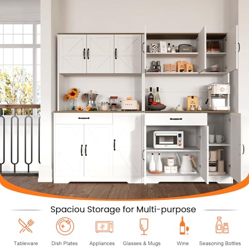 72" Tall Storage Cabinet, Kitchen Pantry Cabinet with Adjustable Shelves & Sturdy Steel Frame, Farmhouse Pantry Storage with 4 Barn Doors for Kitchen