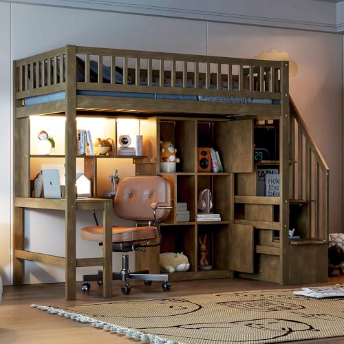 Gaming Bed with Desk,Wardrobe,Ample Storage Space,and RGB LED Light, Full Size Wood Loft Bed for Kids Bedroom (Cloud Blue/K)