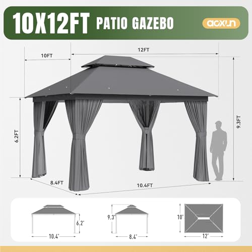 AOXUN Outdoor Gazebo for Patio 10x12, Metal Frame Canopy with Double Roofs