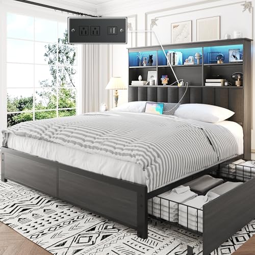Lifezone Queen Bed Frame with Headboard, Queen Bed Frame with High Storage Bookcase Headboard,4 Storage Drawers & Charging Station & LED
