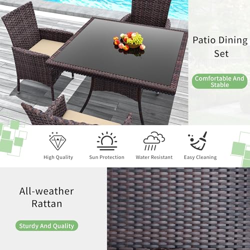 5 Piece Outdoor Dining Set,Rattan Patio Conversation Set of 4 Chairs,Patio Dining Table and Chairs w/Cushions,Square Glass Tabletop