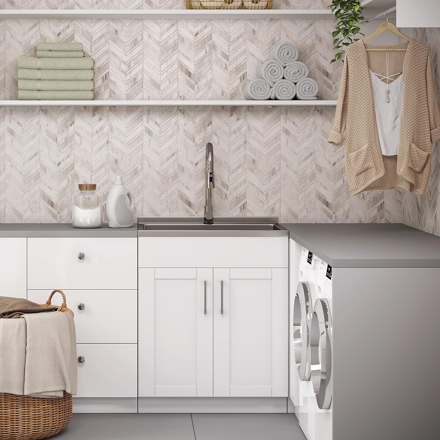SIMPLIHOME Modern Wide Shaker Transitional 28 Inch Laundry Cabinet with Faucet and Stainless Steel Sink in White