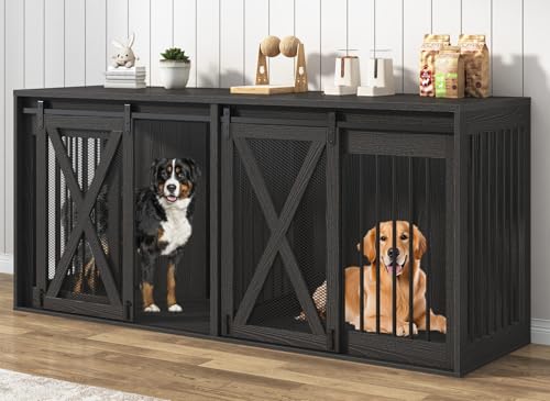 78.7" XXL Dog Crate Furniture for 2 Large Dogs, Heavy Duty Double Dog Cage Large Breed, 35.4" Tall Thick Wooden Dog Kennel TV Stand with Divider