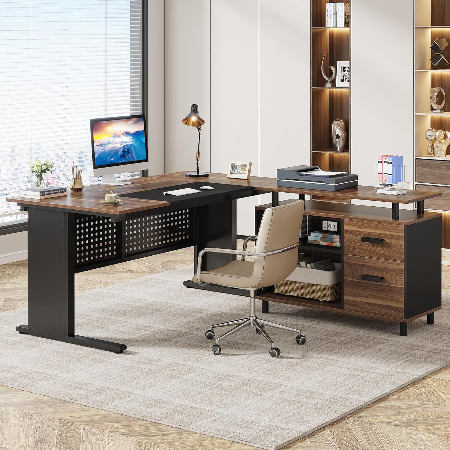 Large Computer Desk with File Cabinet, 63 Inch Executive Desk L Shaped Office Desk, Business Furniture Desk Workstation for Home Office