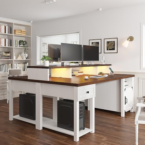 EnHomee Farmhouse Office Desk with Drawer & Power Outlets, Wood Computer Desk Monitor Stand for Bedchamber Study