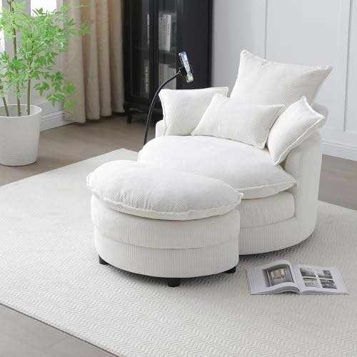360 Swivel Accent Barrel Chair with Storage Ottoman & Headrest