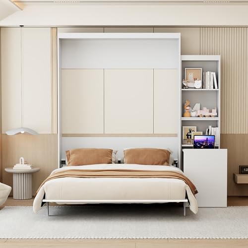 Full Size Murphy Bed Cabinet with Shelf and Drawers, Plywood Hidden Beds,Wall Bedframe for Bedroom,Space-Saving, Noise Free, White