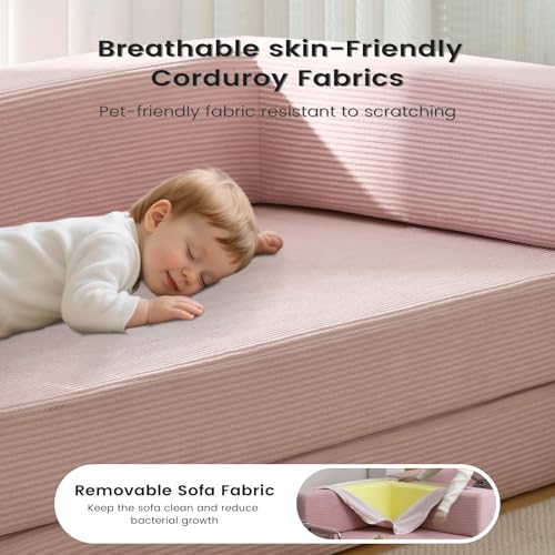 Convertible Sleeper Sofa Bed No Assembly Corduroy Upholstered Green Modular Floor Couch Queen/King Size Foldable Futon with Memory Foam for Apartment