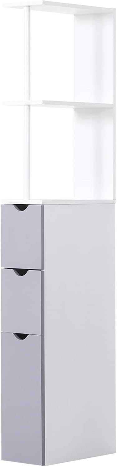 HOMCOM 54 Tall Bathroom Storage Cabinet, Freestanding Linen Tower with 2-Tier Shelf and Drawers, Narrow Side Floor Organizer, Grey and White
