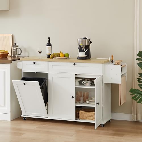 60" Kitchen Island with Power Outlet & Drop Leaf, Kitchen Rolling Island with Spice Rack & Towel Rack, Knife Holder