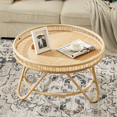 FINECASA Round Rattan Coffee Table, 32'' Wicker Boho Hand-Woven Top