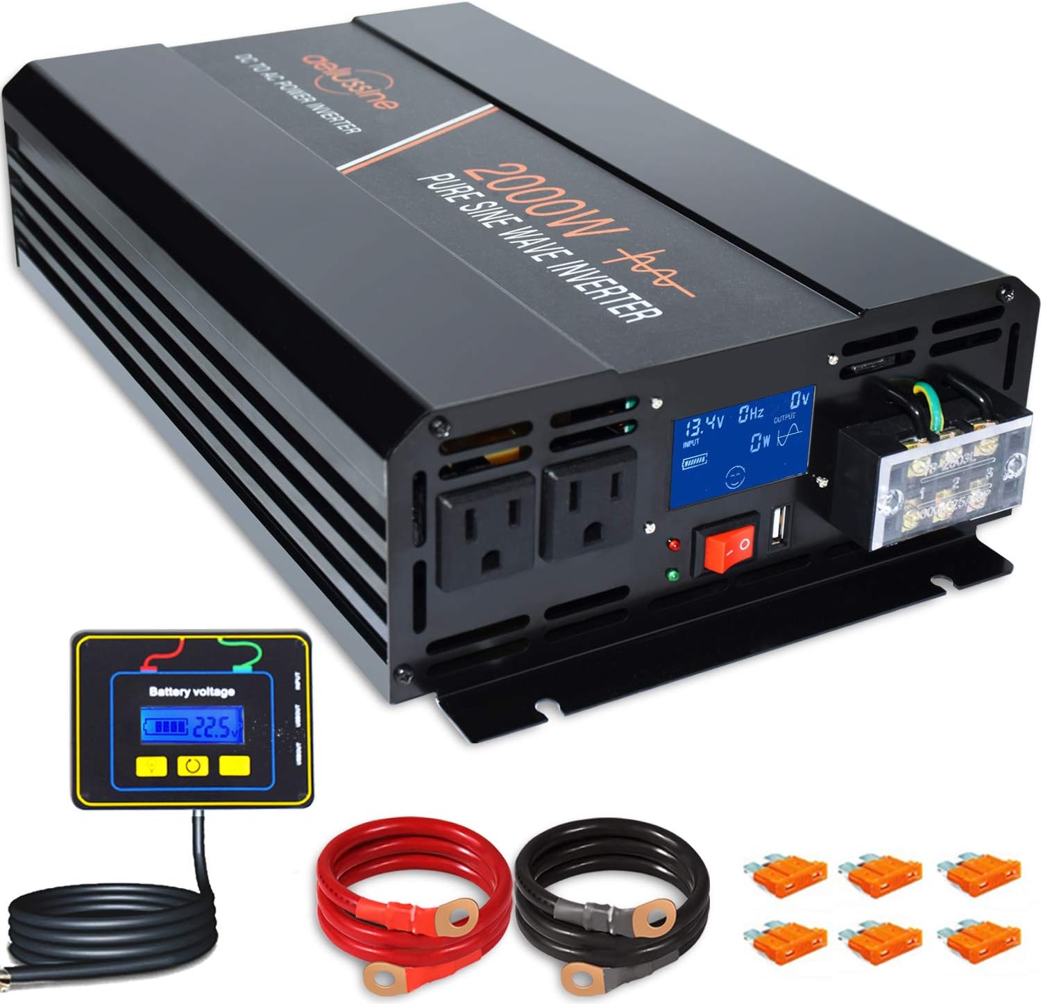 aeliussine 2000 watt Pure Sine Wave Inverter 24v dc to ac 120v with LCD Display with Remote Switch Power Inverter for Car Off Grid Solar Power System