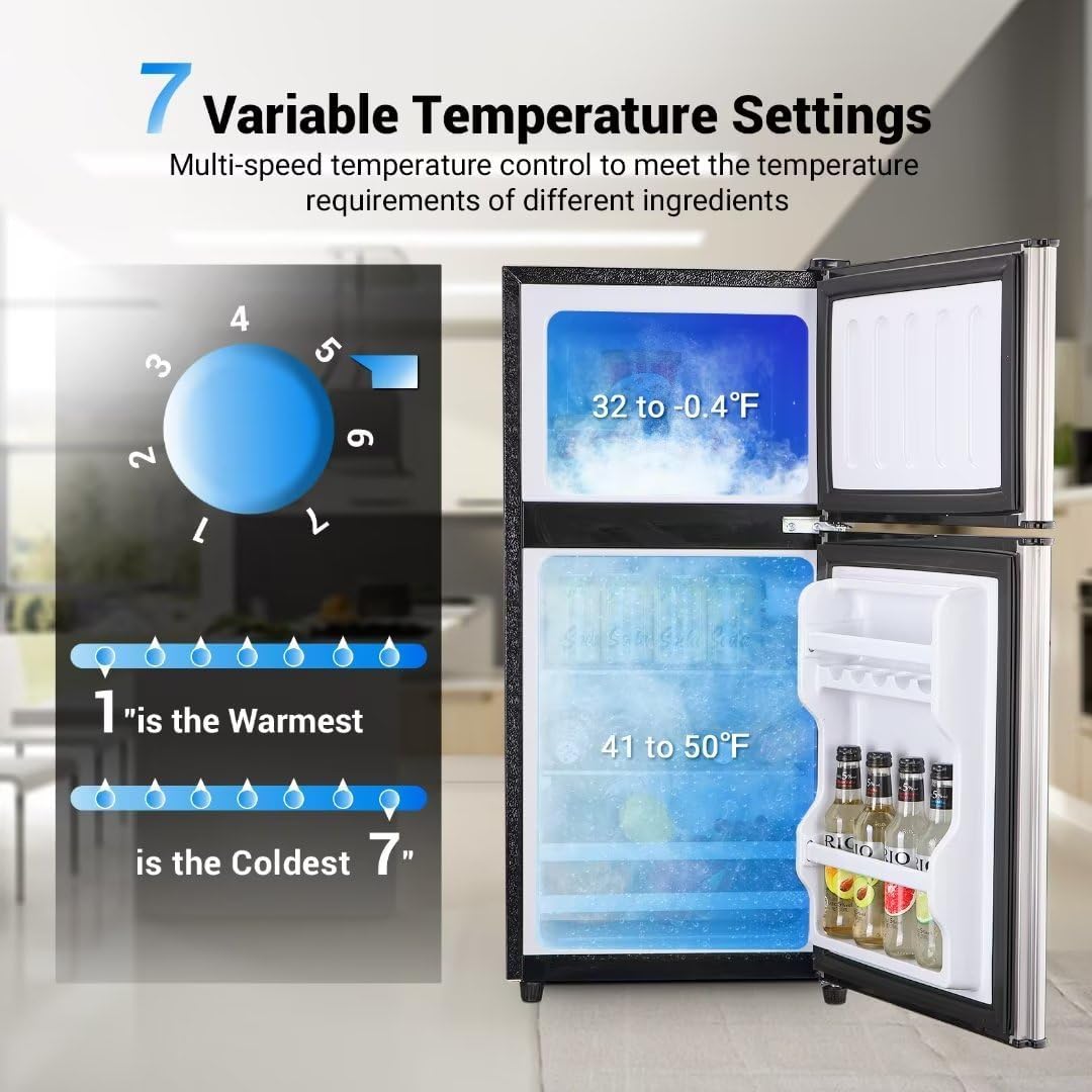 Compact Refridgerator with Freezer, 3.5 Cu.Ft Small Refrigerator with 7 Level Adjustable Thermostat Control for Kitchen, Dorm, Apartment, Office