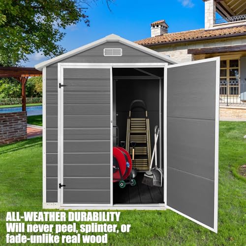 6x4 FT Outdoor Storage Resin Shed with Floor,Waterproof Plastic Garden Bike Shed with Lockable Door, Sloped Roof, Vents & Windows
