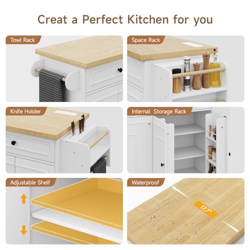 58" Mobile Kitchen Island, Kitchen Island Cart with Power Outlet, Island Table for Kitchen, Home Bar Carts with Storage