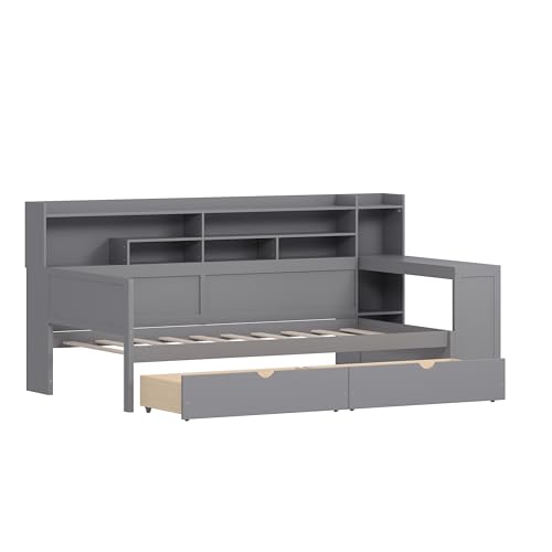 Bellemave Twin Corner Bed Frame with Storage Shelves and Desk, Wood Twin Size Daybed with Bookcase and Drawers and Storage, Gray
