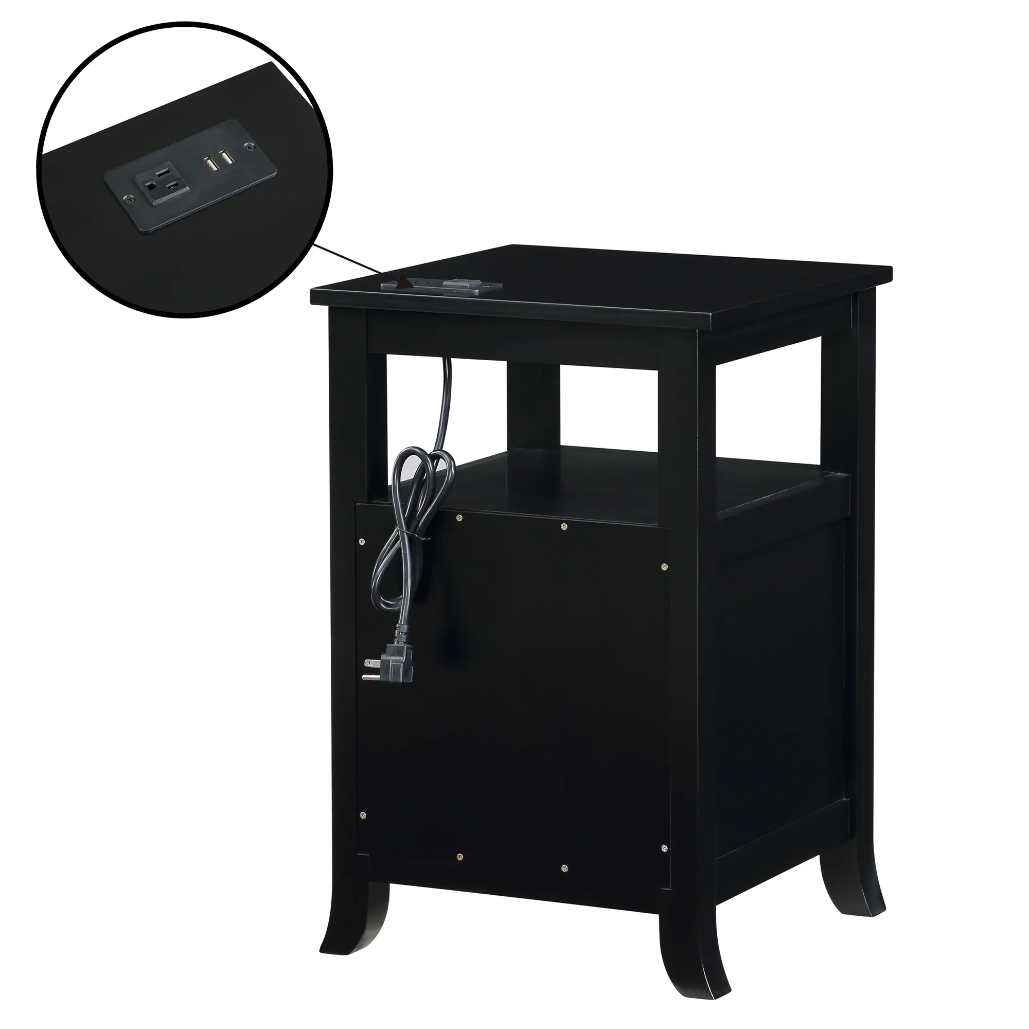 Melbourne Two-Drawer End Table with Charging Station and Shelf in Black Wood