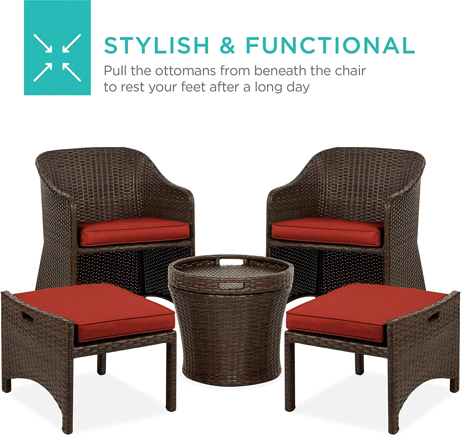 5-Piece Outdoor Patio Furniture Set, No Assembly Required Wicker Conversation Bistro & Storage Table for Backyard, Porch