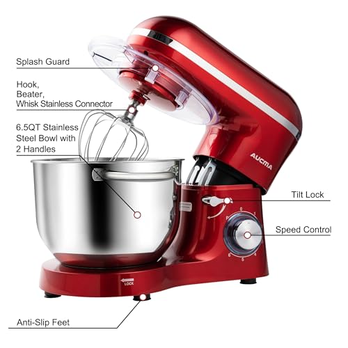 Aucma Stand Mixer,6.5-QT 660W 6-Speed Tilt-Head Food Mixer, Kitchen Electric Mixer with Dough Hook, Wire Whip & Beater (6.5QT, Black)