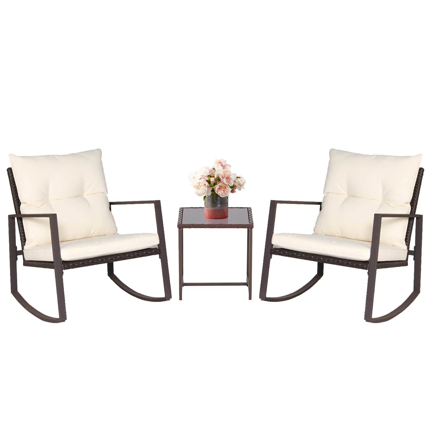 SOLAURA 3-Piece Outdoor Furniture Rocking Chairs Set, Brown Wicker Patio Rocking Chair with Beige Soft Cushions & Glass Coffee Table for Patio