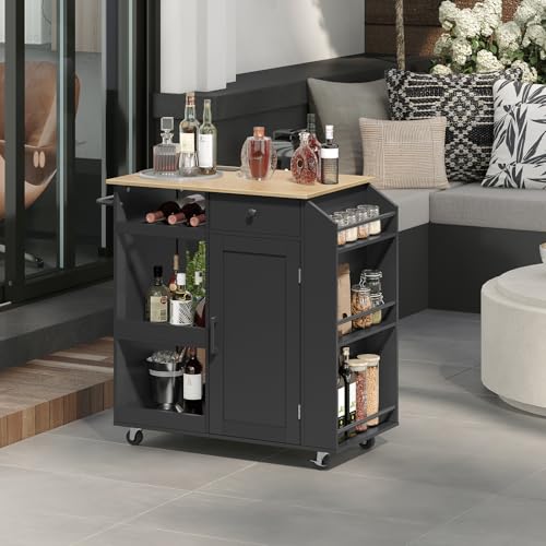 Kitchen Island with Power Outlet, Kitchen Storage Island with Drawer, Rolling Kitchen Cart on Wheels, Spice Rack, Towel Rack, Wine Rack