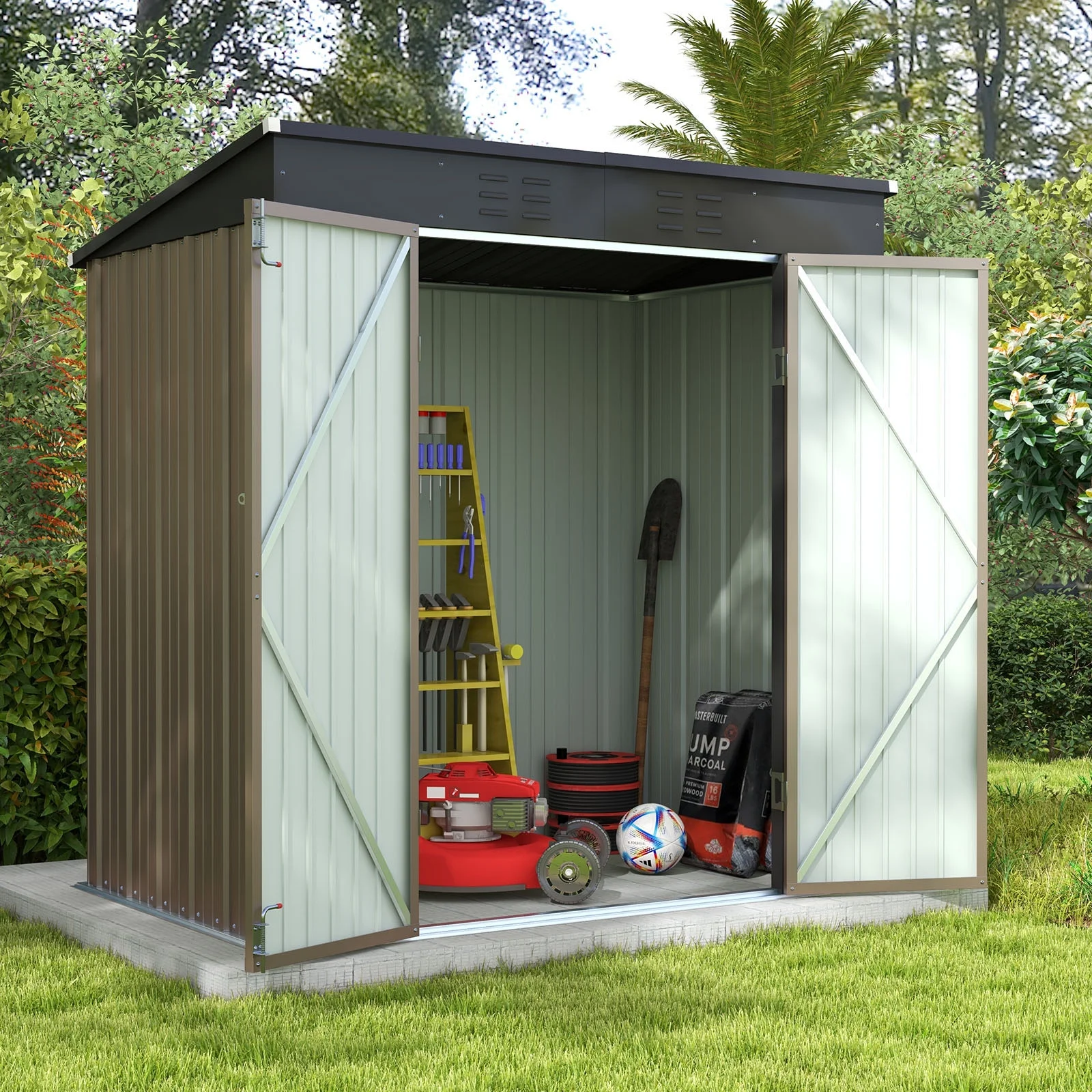Patiowell 6x4 FT Outdoor Storage Shed, Metal Sheds with Double Lockable Doors for Lawn, Brown - Curated Treasures Market
