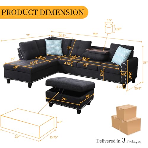 L Shaped Sectional Couch with Recliner, Modern Sleeper Sofa with Movable Storage Ottoman
