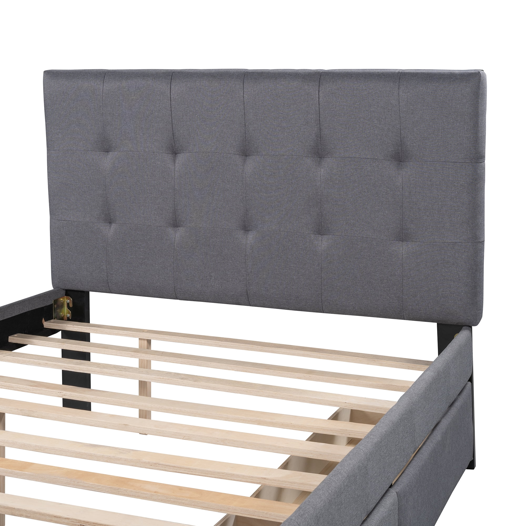 Euroco Upholstered Full Size Platform Bed with 2 Drawers for Kids Room, Solid Wood Daybed for Guests room, Gray