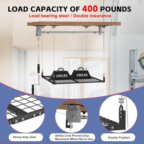 Overhead Garage Storage Rack,4x4FT Ceiling Storage Racks Lift,Adjustable Organization System,Workshops or Basements(Black)