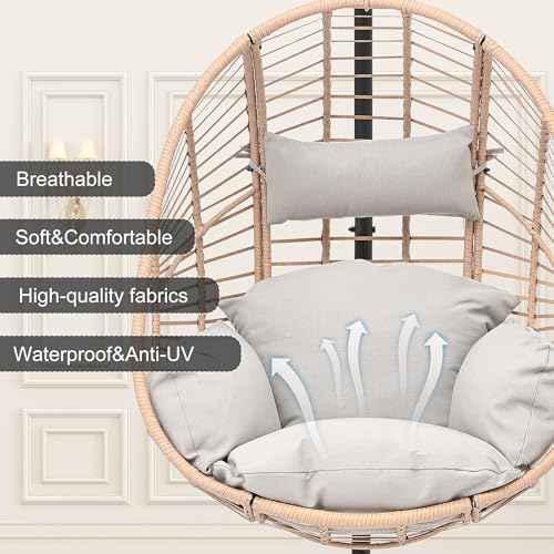 Oversized Hanging Egg Chair Outdoor Indoor, Wicker Swing Egg Chair with Stand 400lbs Capacity for Bedroom, Patio, Garden and Balcony (Beige-nest