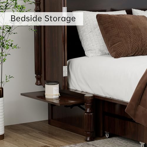 Murphy Bed Cabinet Full, Solid Wood Murphy Bed with 2 USB & 2 Charging Ports, Large Storage Drawer for Home Office or Small Space