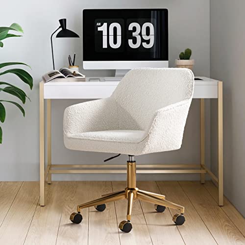Zesthouse Modern Desk Chair with Wheels, White Swivel Vanity Chair for Girls Women, Upholstered Home Office Chair Boucle Armchair for Bedroom